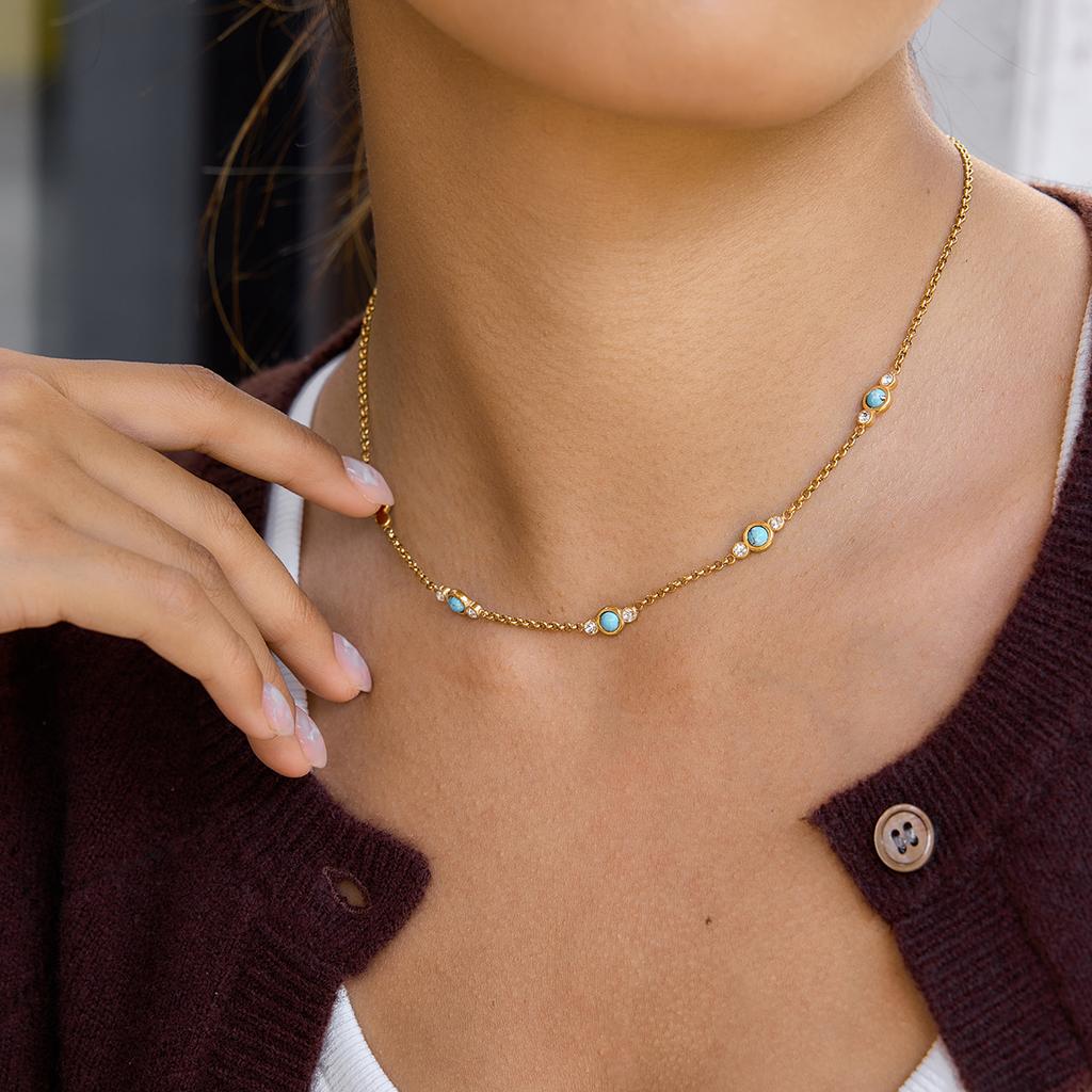 Yori Popular Stainless Steel Blue Turquoise Necklace 18 K Plated Stainless Steel Collar Necklace Gift Jewelry