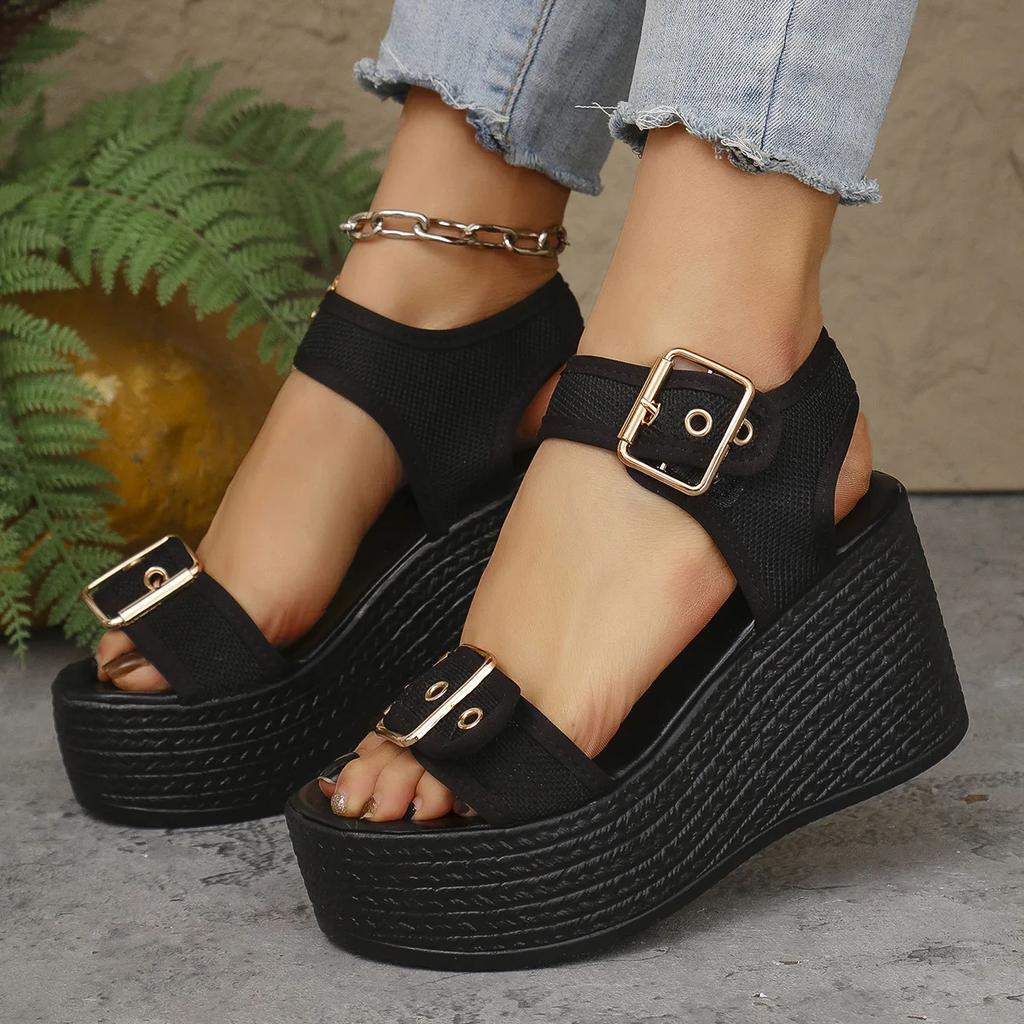 Large Size Sandals Women's Summer New Casual Wedge Heel Thick Soled Sandals European and American Fashionable Open Toed Sandals