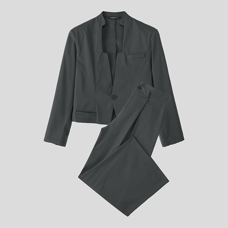 INCERUN Men Outfits Long Sleeve Cropped Tops and Long Pants Casual Party Sets