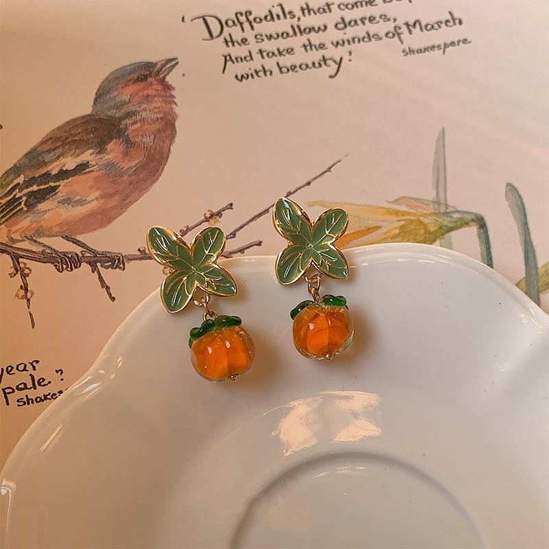 Creative Persimmon Orange Color Flower Leaf Stud Earrings For Women Painting Oil Glazed Glass Earrings Jewelry Accessories
