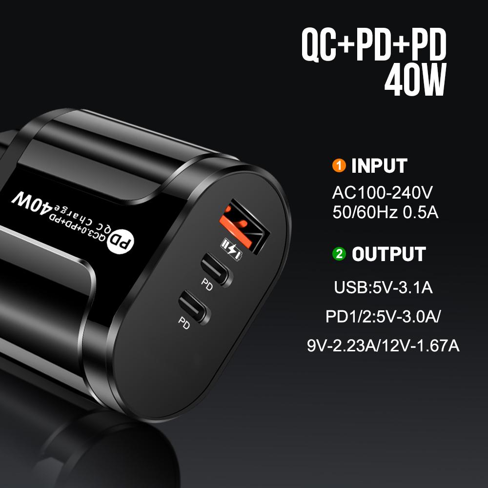 40W Phone Charging PD Fast Charging USB QC3.0 Multiple 3 Ports Type C Plug Mobile Phone Adapt for Xiaomi High Speed Wall Charger