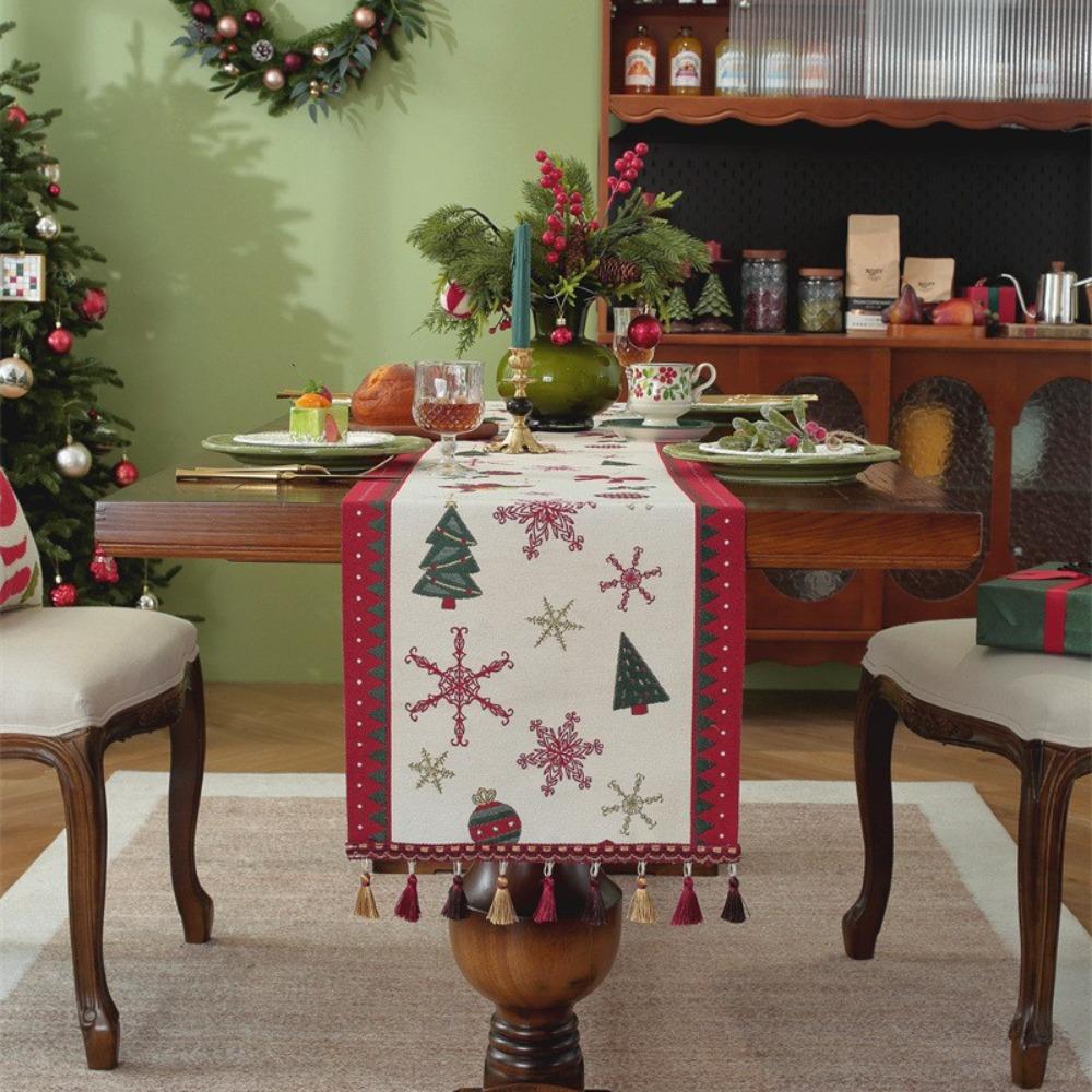 Christmas Snowman Jacquard Table Runner with Fringe Polyester Home Decor Tablecloth Bedspread