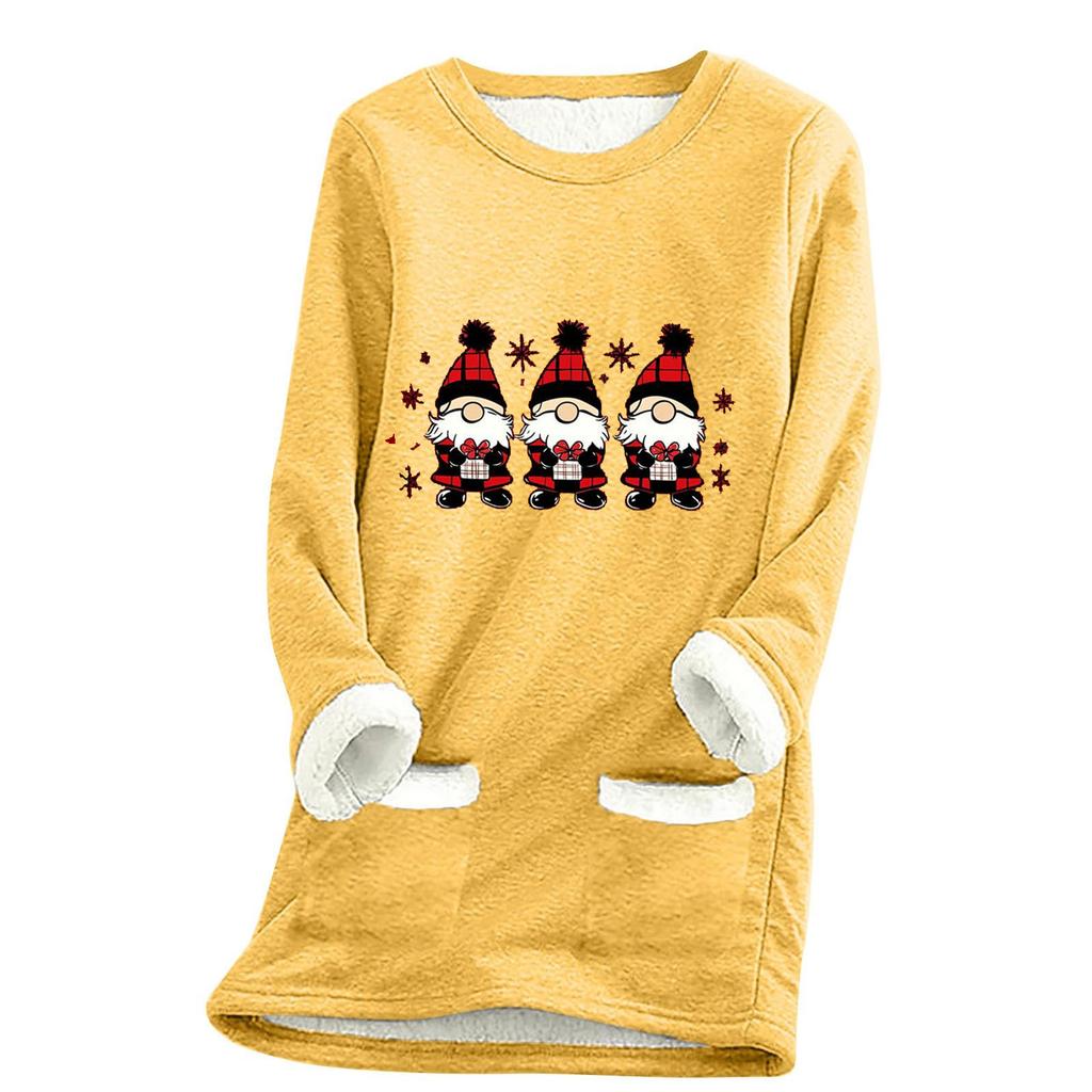 Ladies' Loose And Comfortable Round Neck Christmas Print Thick With Pockets Long Sleeved Top