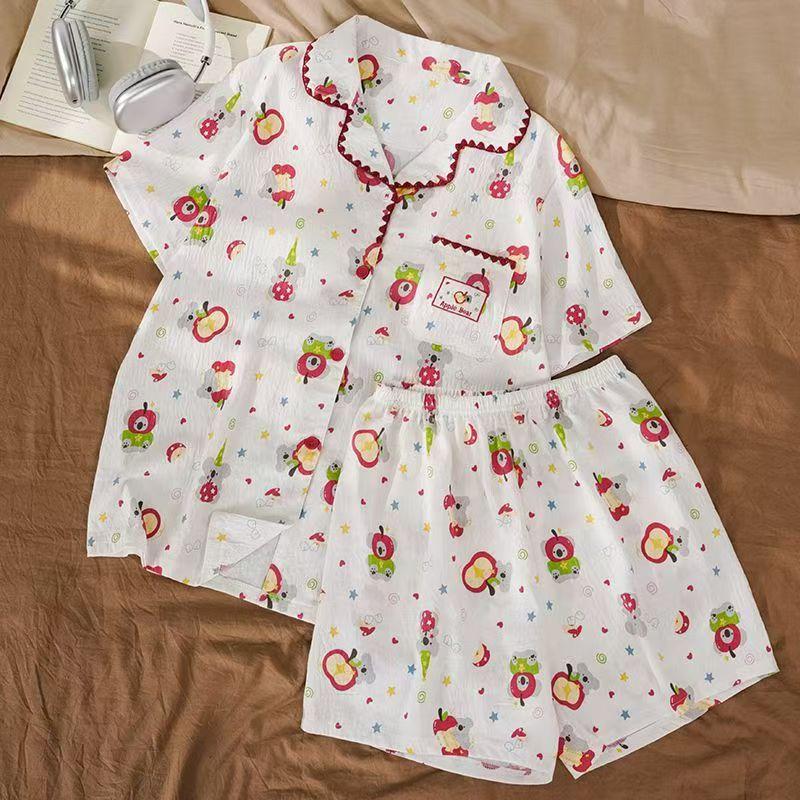 

Japanese cartoon apple koala pajamas women s short-sleeved shorts lace two-piece set women s casual loose loungewear S