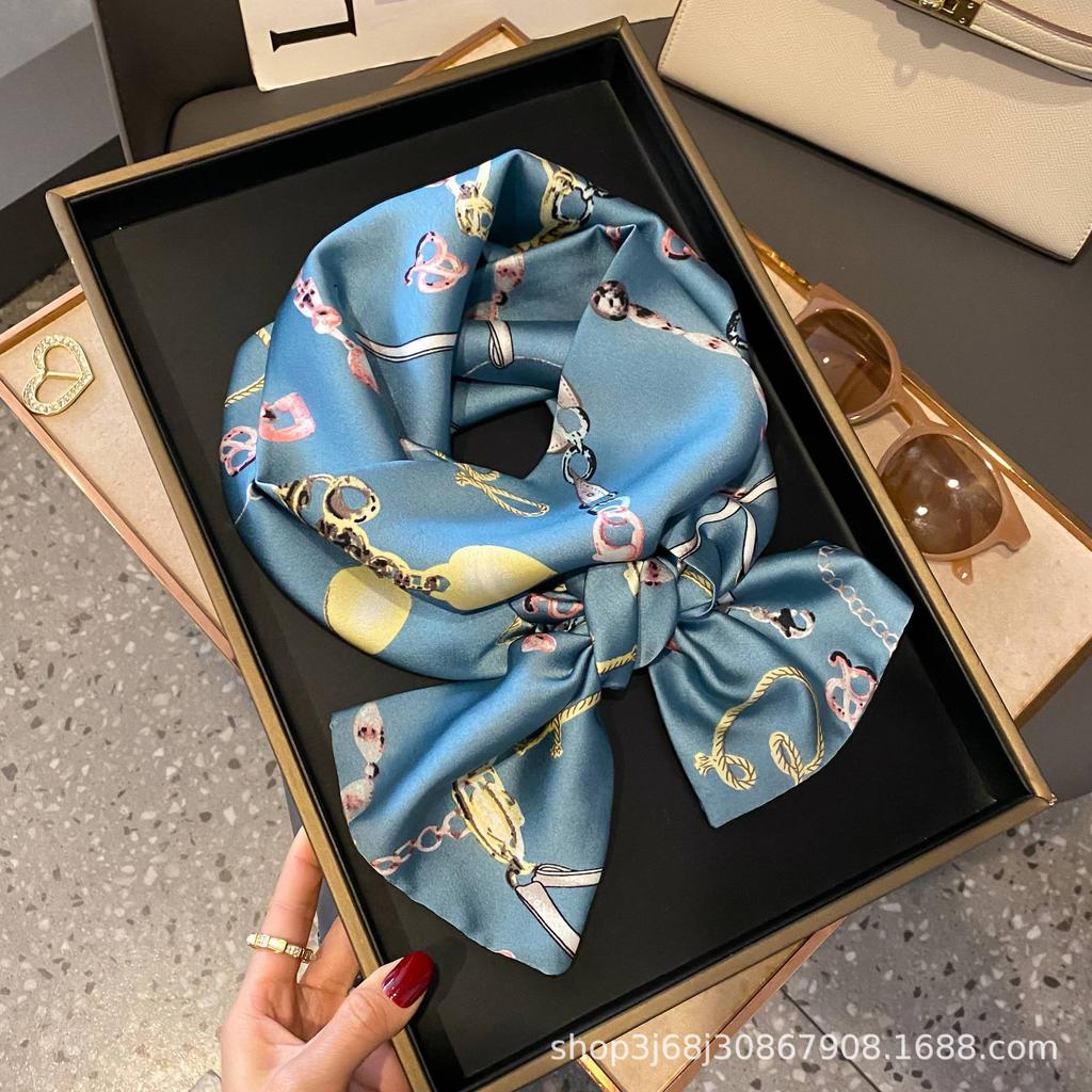 Long Silk Scarf Women's New Small Silk Scarf Printing Simulation Silk Tied Bag Streamer Explosion Sweet Little Scarf