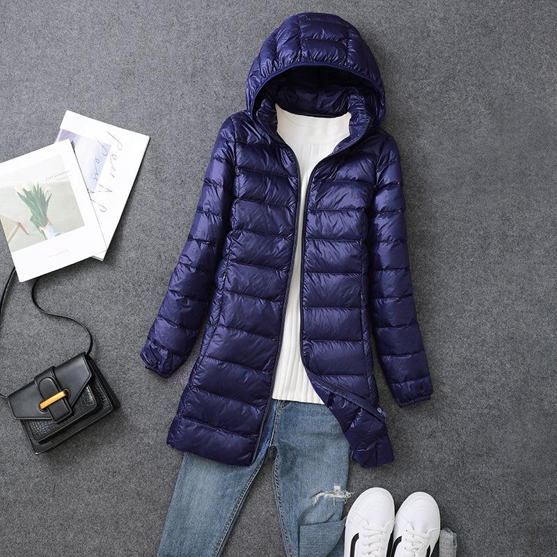 Herbst und Winter leichte und dünne Daunenjacke mit Kapuze, mittellang, Damenbekleidung, große Größe, Reißverschluss, leichte und schlanke Jacke