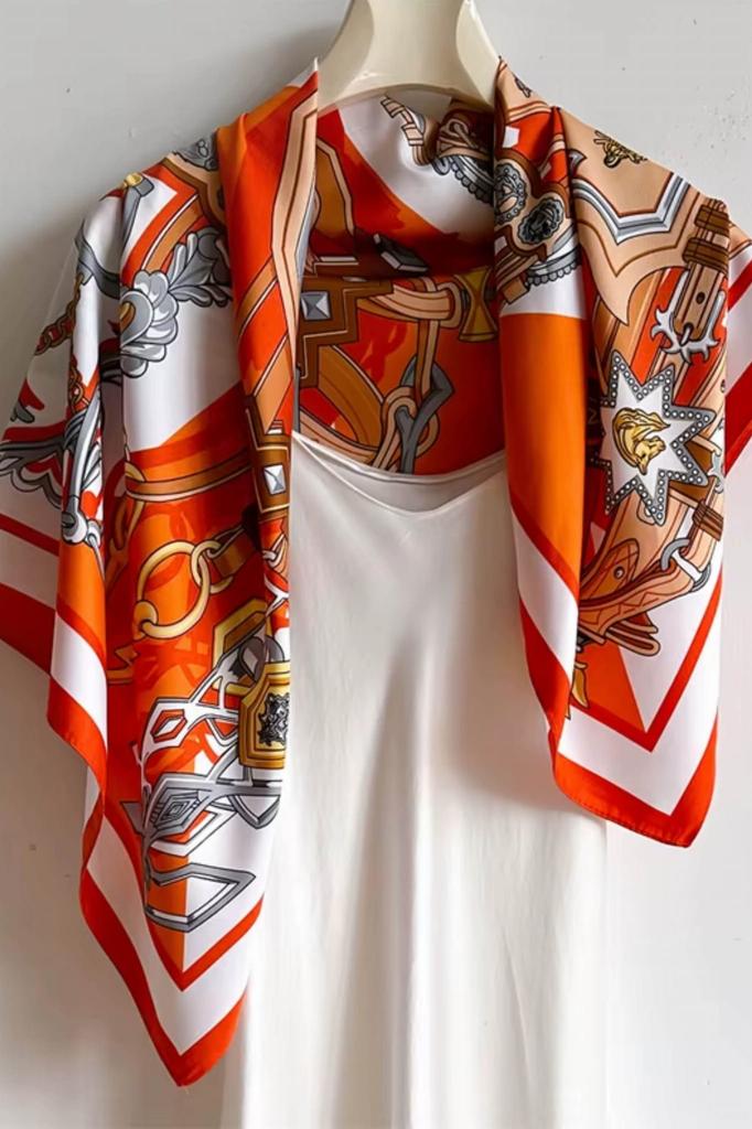 Scarf 90x90 Orange and White with Chain Motif - Energetic Elegance in Glamour Style