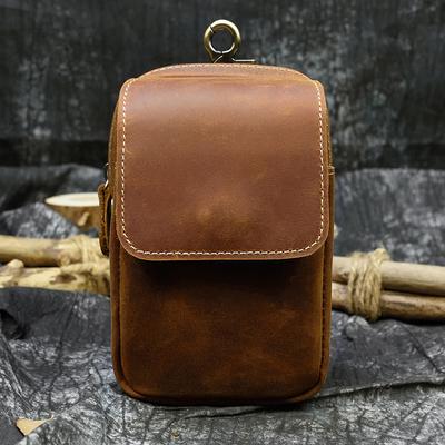 Men's Retro Genuine Leather Waist Bag, Crazy Horse Leather Double Layer Wearing Belt Hanging Headband, Leather Leather Phone Bag