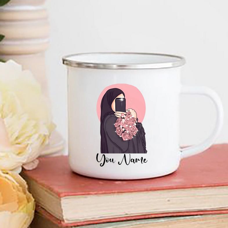 Personalised Hijabi Girl Printed Mug Coffee Cups Drinks Water Cup Muslim Girls Custom Name Enamel Handle Mugs Handle Eid Gifts