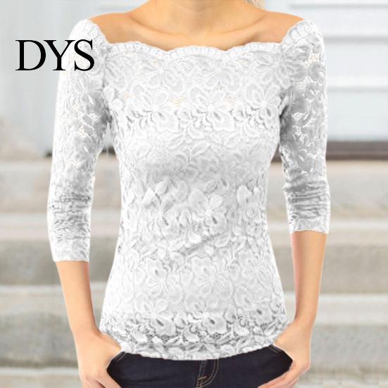 Off-shoulder spetsblus Damtoppar Asymmetrisk krage Långärmad skjorta Genombruten Enlinje Sömmad Enfärgad Smal passform Broderi Blommig topp
