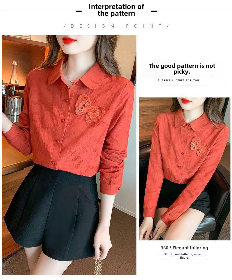 Herbst 2024 Damen Reines Baumwoll-Jacquard Besticktes Langarmhemd