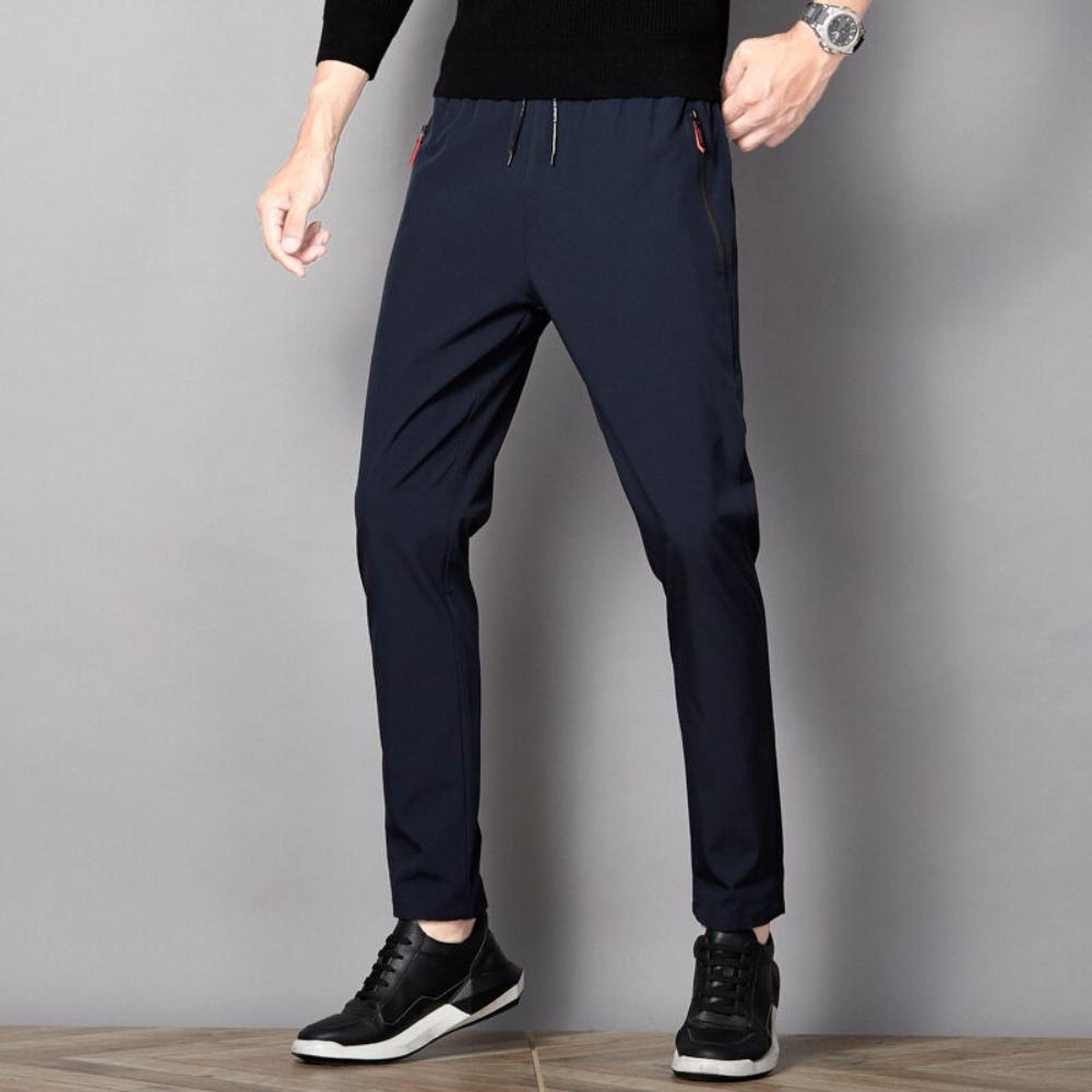 Men's Ice Silk Pants Summer Men's Casual Sports Pants Gray Zipper Pockets Slim Straight Breathable Lightweight Cool Feeling