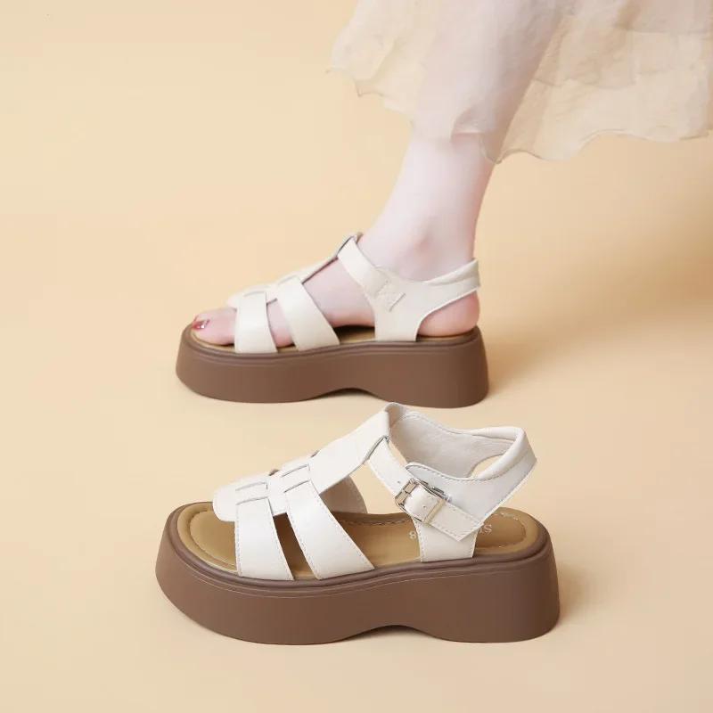 Korean Style Thick Heel Roman Sandals Women Summer New Soft Leather Woven Slip-On Beach Shoes Fashionable One-Strap