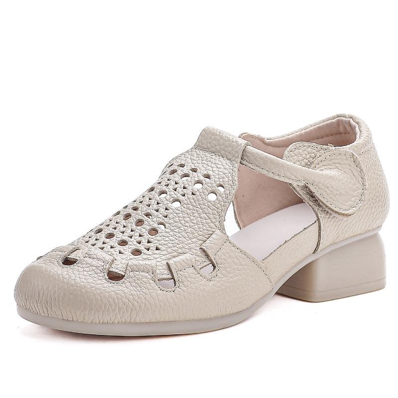 Real cowhide summer new beef tendon sole middle heel mother shoes comfortable soft sole hollow retro sandals women