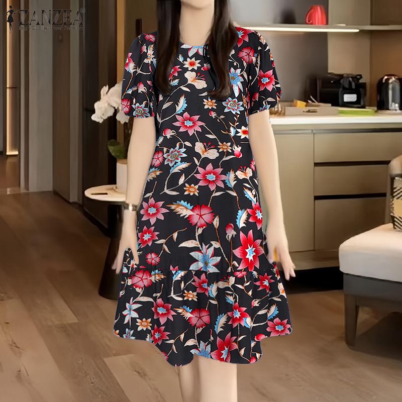 ZANZEA Women Casual Round Neck Summer Loose Short Sleeve Floral Dress