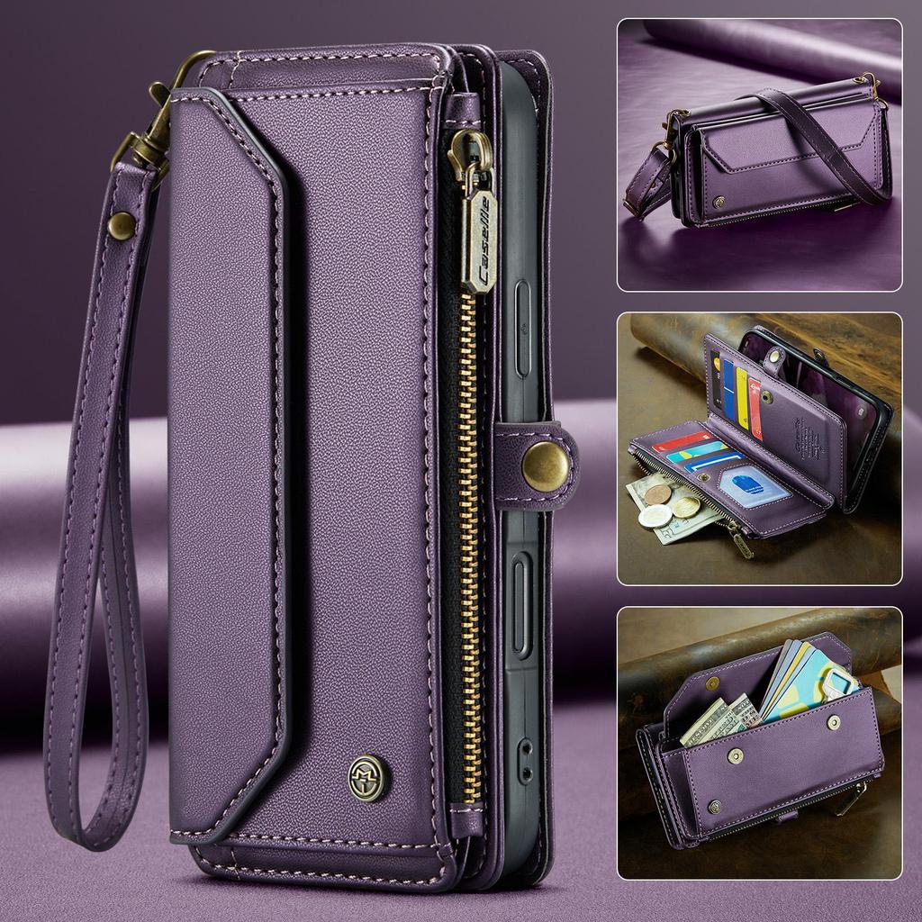 CaseMe (C36) Crossbody Wallet Case For iPhone 13 14 15 16 Pro Max Zipper Wrise Multi-functional Flip PU Leather Card Slots Holder Cover Protector