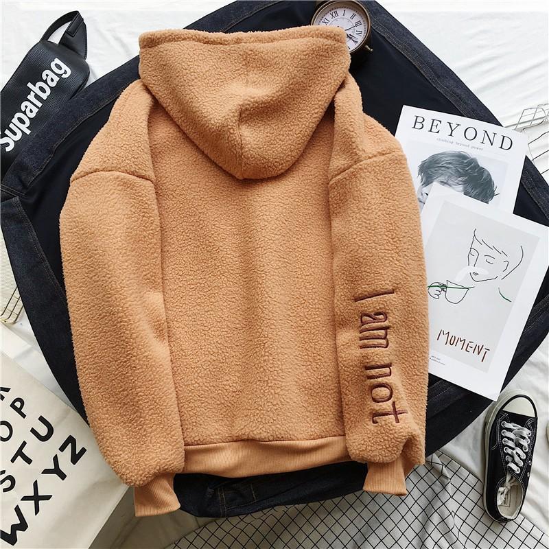 Womens Fleece-Lined Hooded Sweatshirt With Embroidery Thick Warm Oversized Pullover Winter College Style