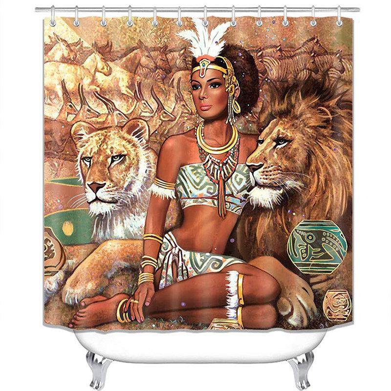 Fashion African Woman Shower Curtain Set With Rugs Afro Girl Egyptian Lady Fabric Shower Curtain Liner Non-Slip Carpet