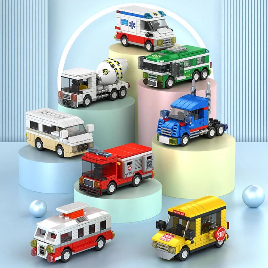 Funny building block city vehicle model, school bus, fire truck, ambulance, business car, nice holiday gift for friends