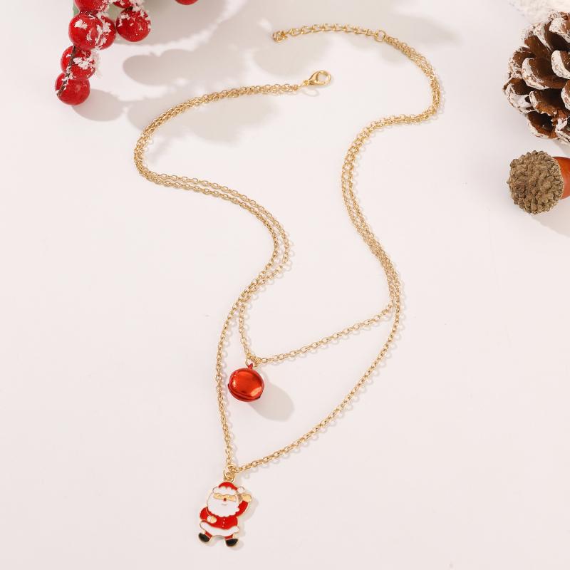 Double Layer Christmas Necklace Santa Bell Tree Reindeer Pendant Collarbone Chain Festive Holiday Jewelry Gift for Women