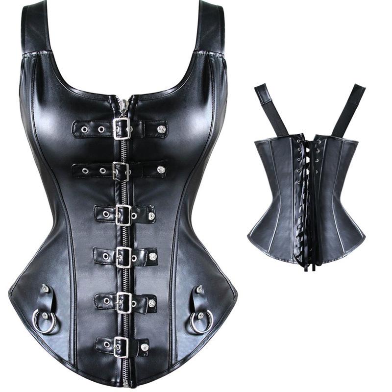 Gothic Black Leather Corset with Diamond Buckle & Wide Straps