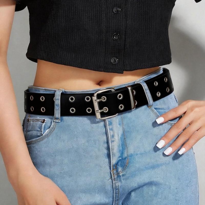 Punk Style Women Men Black Faux Leather Belt With Metal Chain Decor Double Row Buckle Casual Jeans Accessory