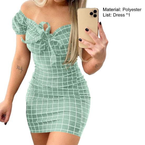 Robe Mini Slim Décor Nœud Papillon Doux Imprimé Carreaux Épaules Dénudées Robe Bodycon Vêtements Féminins