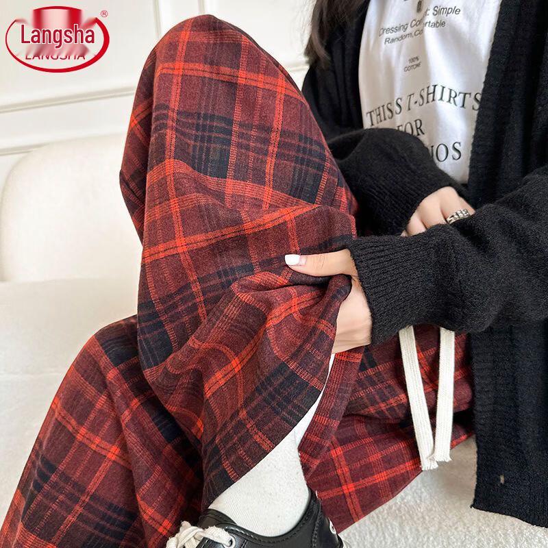 

Langsha Women s High-Waist Plaid Wide-Leg Pants L