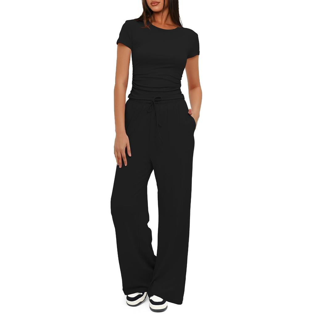 Women's 2 Piece Outfits Sets Ruched Short Sleeve Tops And High Waisted Wide Leg Pants Tracksuit Sets