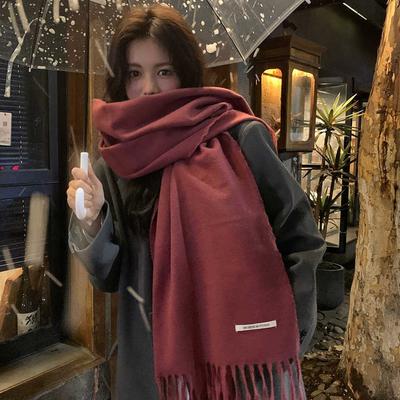 Simple Solid Color Sticker Fringed Scarf Female Winter Student Warm Scarf Shawl Dual-Purpose