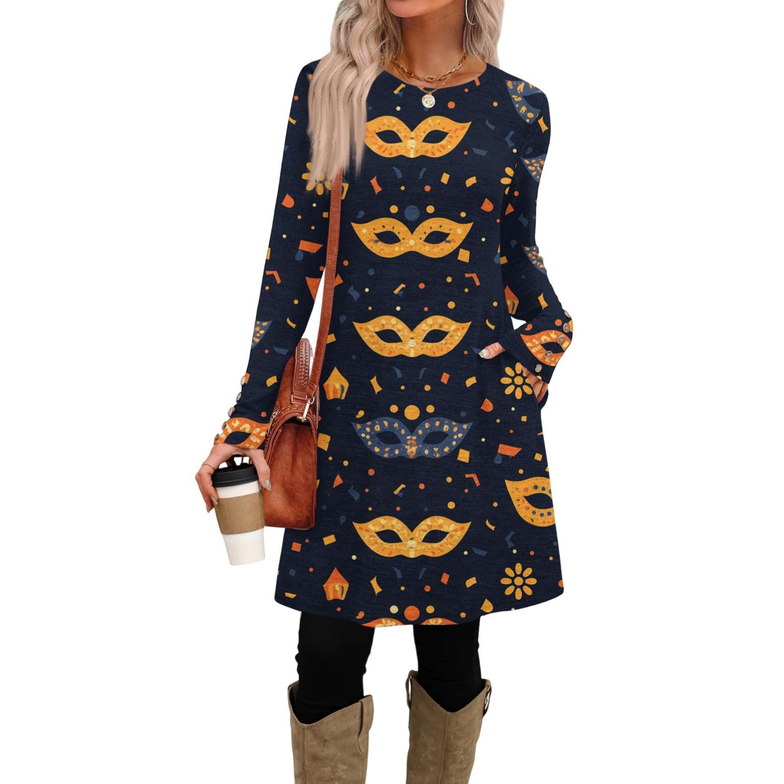 

Женское модное повседневное платье с карманом, декоративными пуговицами, круглым вырезом, длинным рукавом и принтом XL жёлтый