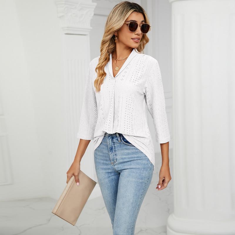 Neue Herbstkleidung für Damen, Jacquard-Oberteile mit V-Ausschnitt, T-Shirts mit mittleren Ärmeln