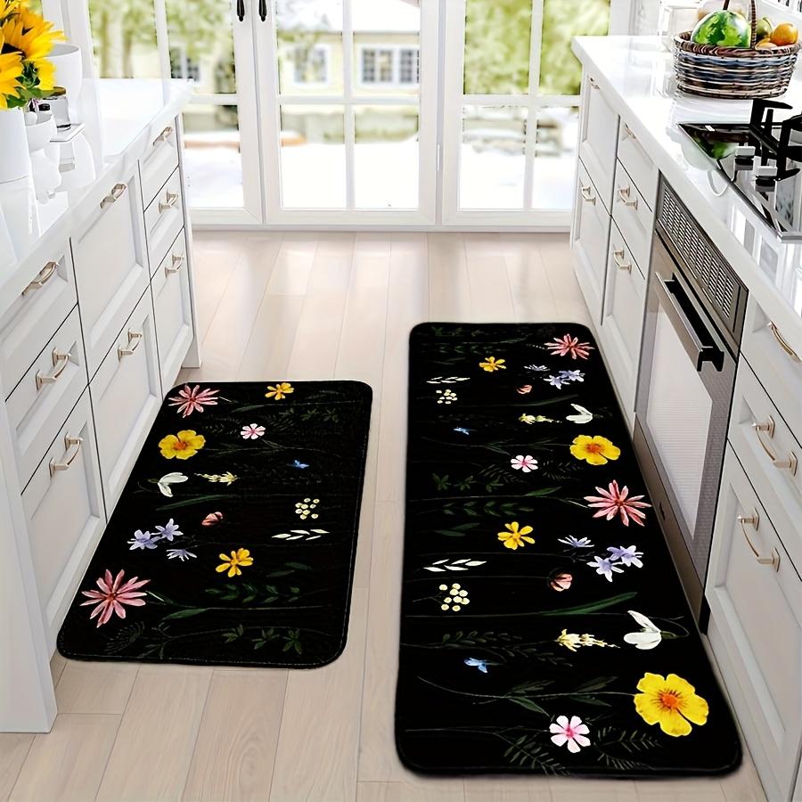 1Pcs Black Color Flower Pattern Floor Mat Modern Kitchen Polyester Rug Non-Slip Colorful Indoor Carpet, For Home Bathroom Bedroom Living Room Decor