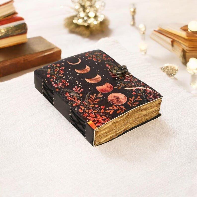 Moon Phase Leather Journal | Handmade Vintage Celestial Notebook | Antique Deckle Paper Diary