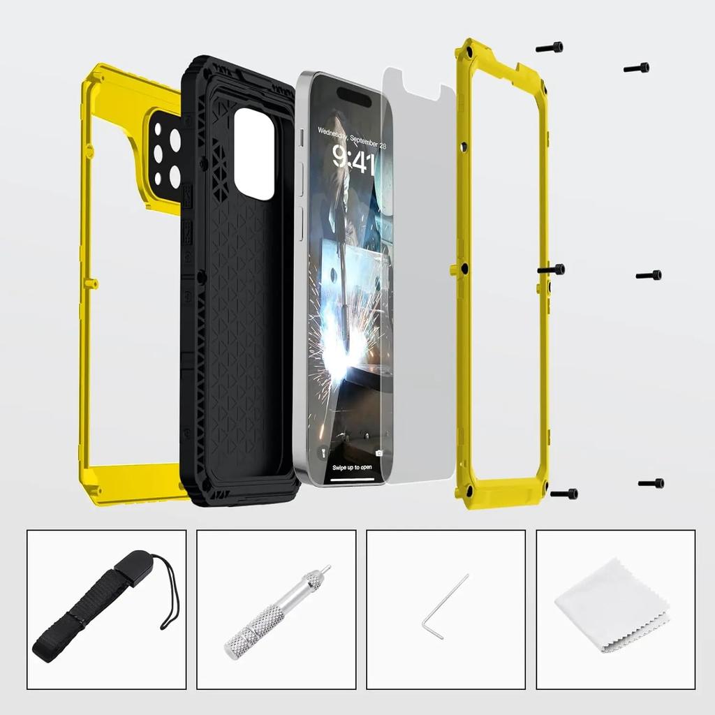 Per iPhone 16 15 14 13 12 11 Pro Max XS XR 8 7 6 Plus Custodia blindata in metallo resistente all'acqua IP68 Cover antiurto Pellicola protettiva per schermo