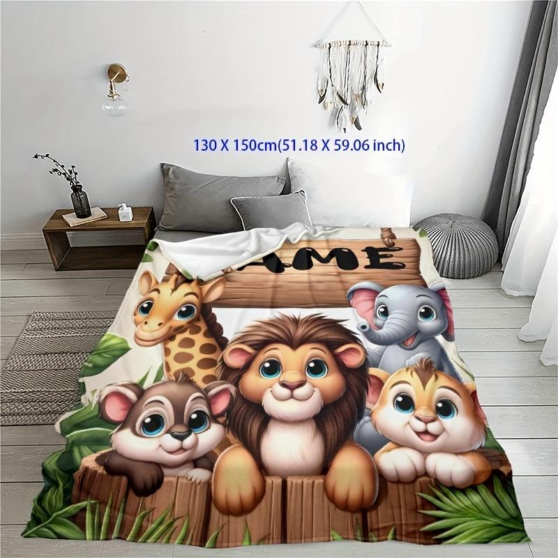 Custom Name Zoo Animal Flannel Blanket - Elephant/Lion/Monkey Print, Lightweight All-Season for Picnics/Travel, Machine Washable