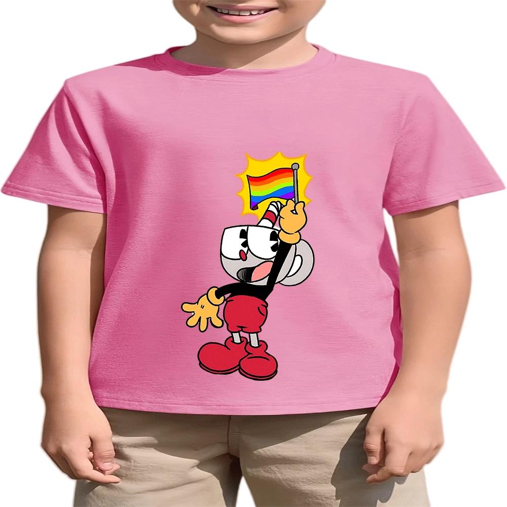 2026 Hot Sale Boys Girls Kids Cuphead Cotton T-Shirt Summer Fashion Cartoon Print 2-14Y
