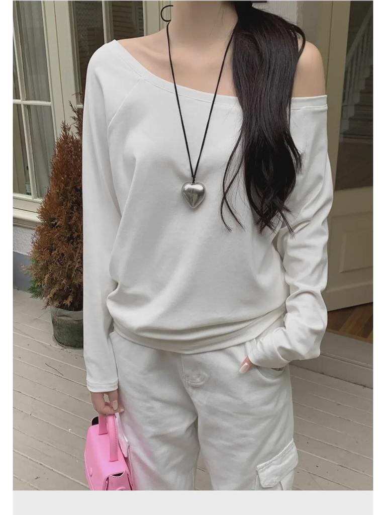 Dark Blue Off-the-Shoulder Long-Sleeve Women's Slimming Autumn Top