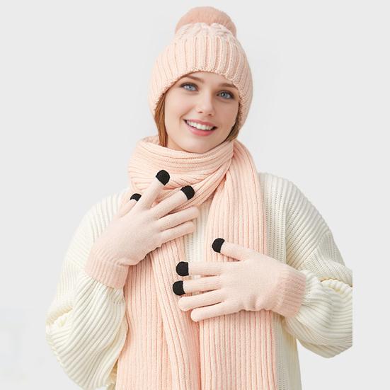 3Pcs/Set Winter Hat Scarf Gloves Set Solid Color Windproof Plush Ball Hat Neck Warmer Touch Screen Gloves Set