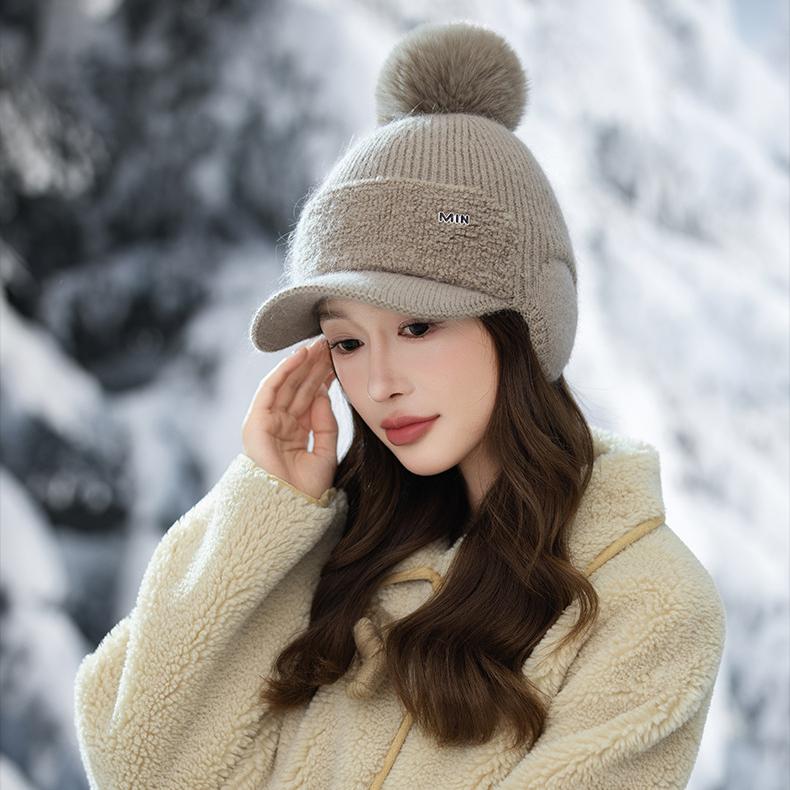 Women's Autumn and Winter Casual Plush Warm Cap Cute Hairball Ear Hat Outdoor Cold Hat New