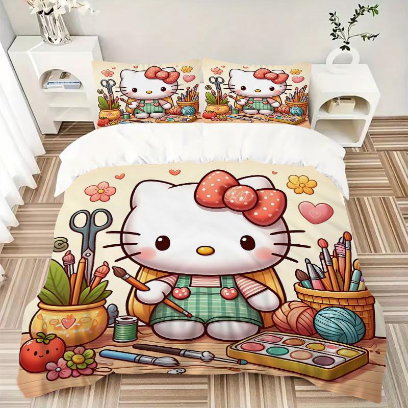 3pcs Hello Kitty's Artistic Haven Quilt Set - Soft and Comfortable Bedroom, Guest Room and Dorm Decor Bedding Set 1 Quilt Cover + 2 Pillowca