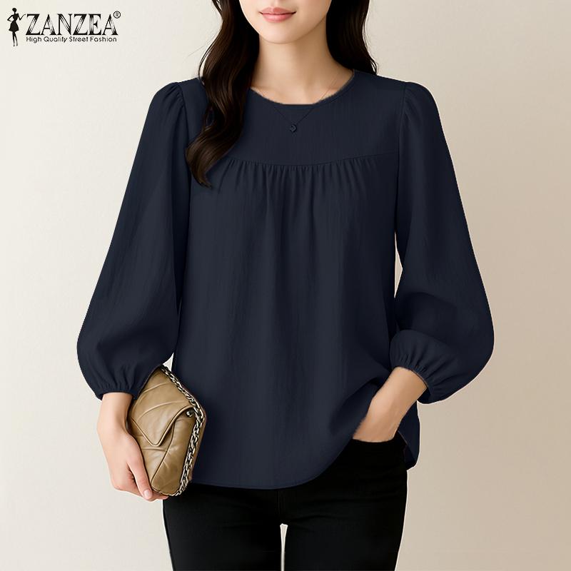 ZANZEA Dame Casual Rund Hals Løs 3/4 Erme Ensfarget Bluse