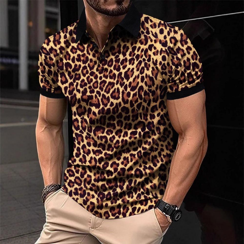 2026 Summer New Men's Leopard Print Short Sleeved T-shirt Men's Polo Shirt with Collar Polo Shirt Men's