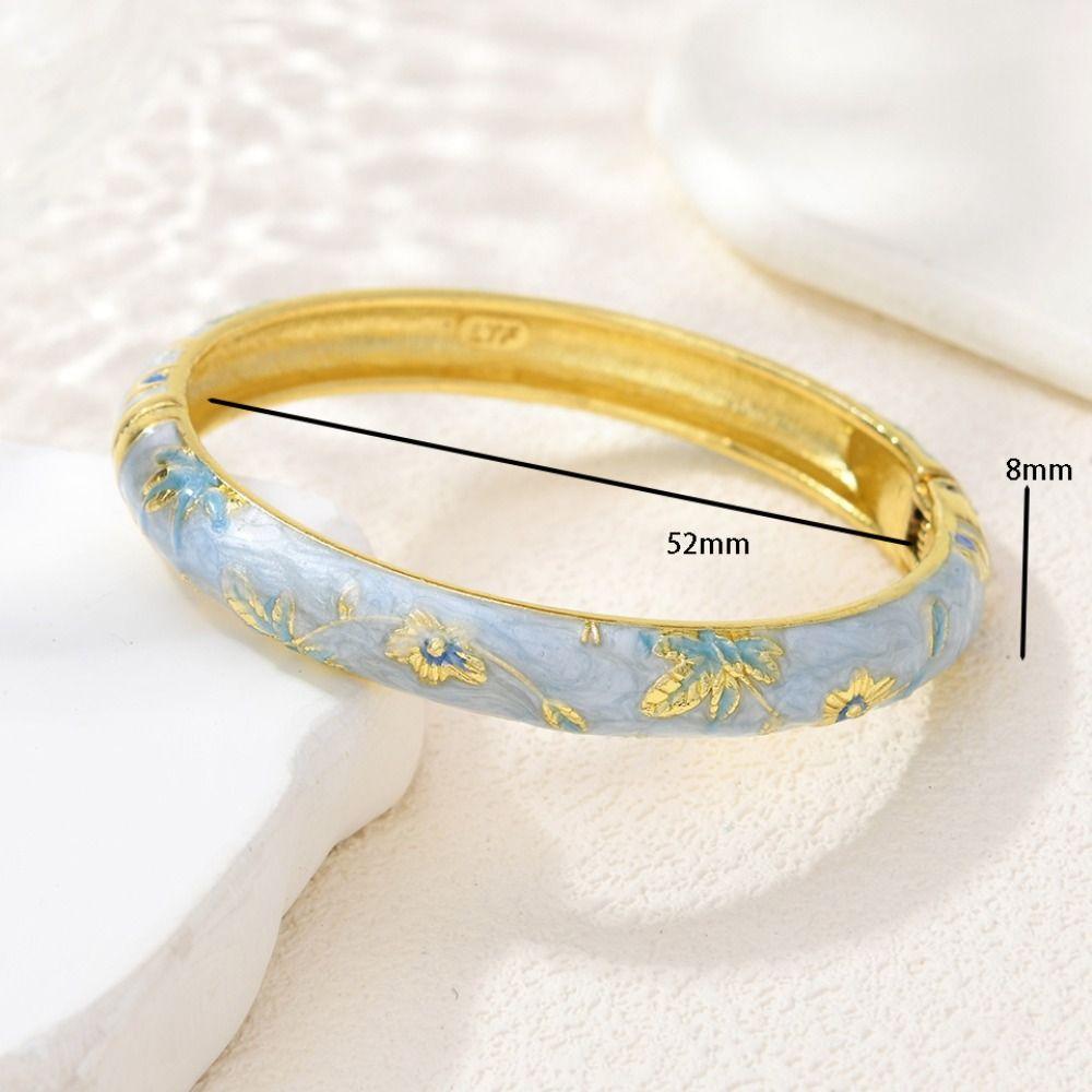 Vintage Colorful Enamel Floral Bangle Gold Plated Chinese Style Open Cuff Bracelet Elegant Handmade Flower Bangle Women