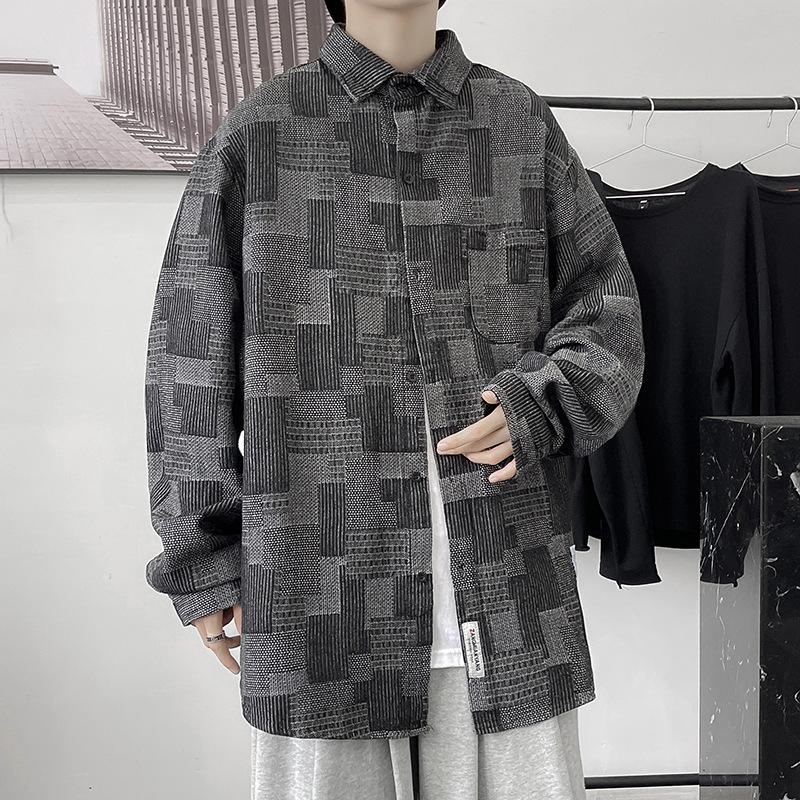 Denim Shirt with Geometric Pattern Oversized Long Sleeve Button Front Pocket Casual Top