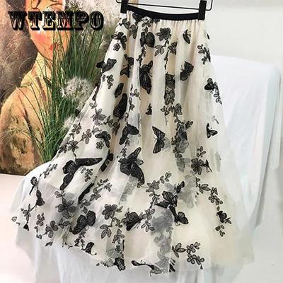 Langer Rock Damen Eleganter Tüllrock Vintage Schmetterling Stickerei Freizeitröcke Elastische Hohe Taille A-Linie Mesh Faltenröcke