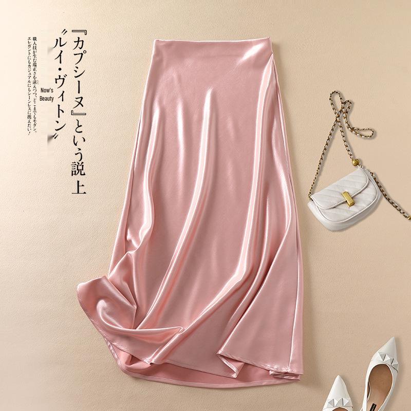 

Women s Mid-Length A-Line Satin Skirt - Elastic Waist, Solid Color, Summer Style 2XL for 100-120 jin хакі