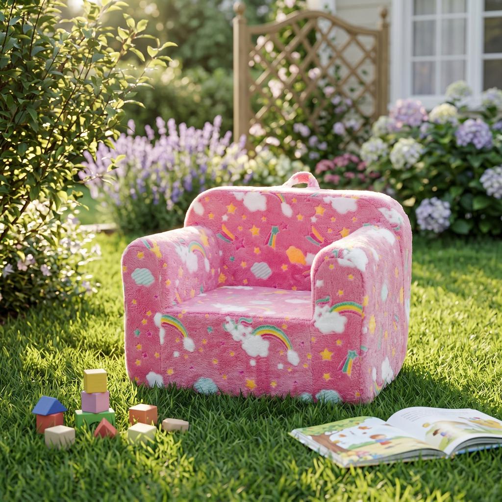 Children's Sofa, Kids Couch with Carrying Handle and Side Pockets, Kids Foam Chair, Toddler Armchair, Lightweight Kids Sofa Chair, Pink Rainbow