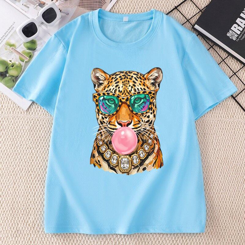 Trendy Leopard T Shirt Bubblegum Sunglasses Big Cat Graphic T Shirts Retro Animal Printed Tshirt Cotton Short Sleeve Tops
