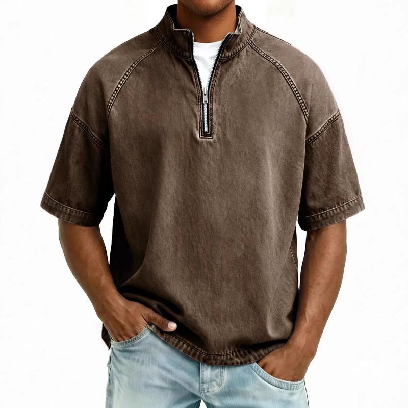 Camicia casual da uomo in denim lavato con mezza zip, colletto alla coreana e maniche corte